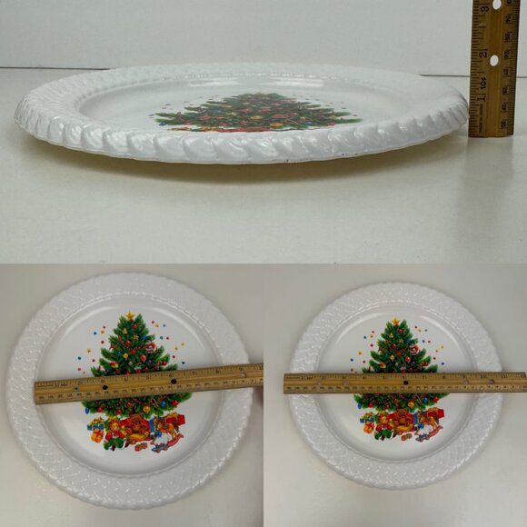 Vtg Plastic White Round Plate Basket Weave Edges Christmas Tree Imagery 11inches - Picture 3 of 14